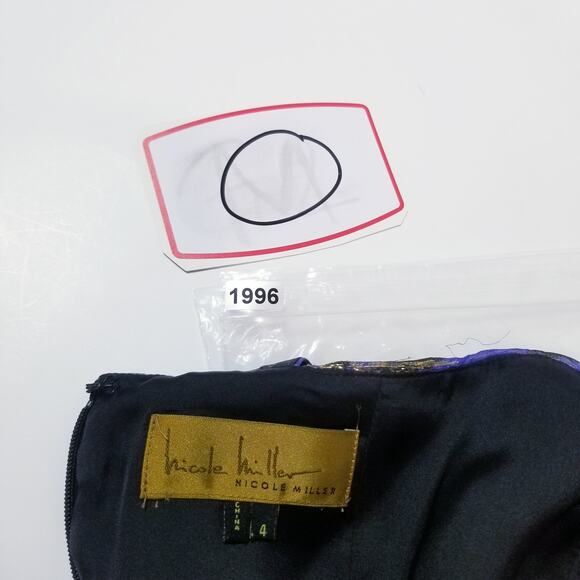 Nicole Miller Gold Metallic Blue Silk Blend Fit and Flare Cocktail Mini Dress - Picture 12 of 12